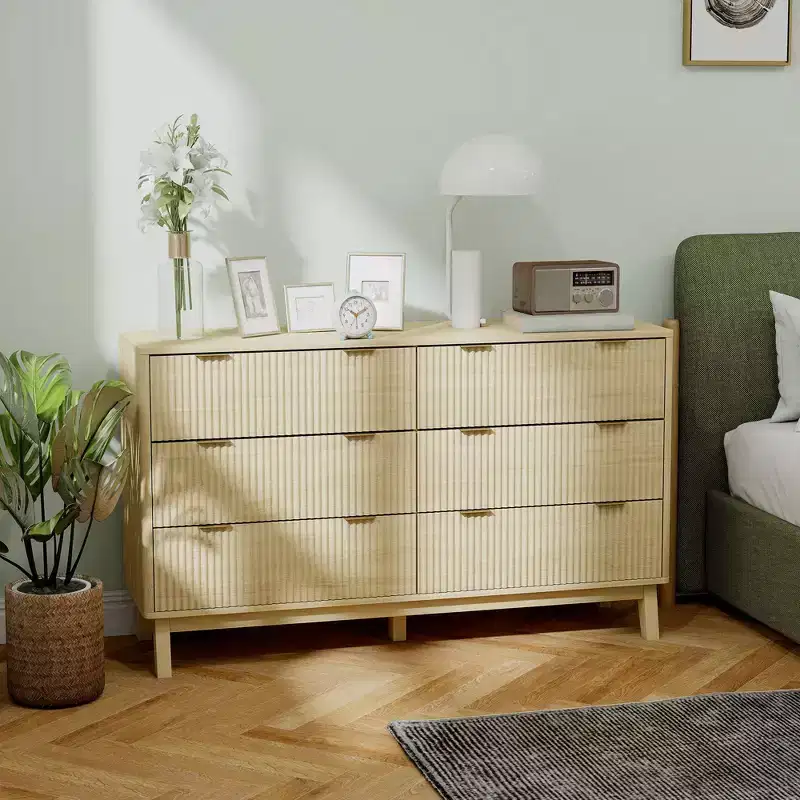 6 Drawer Double Dresser for Bedroom, Fluted Chest of Drawers with Gold Finger Pulls and 5 Wood Legs
