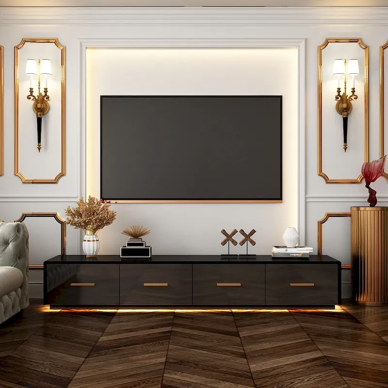 Black Entertainment Center Spacious Luxurious TV Stand Golden Accents - 70.9