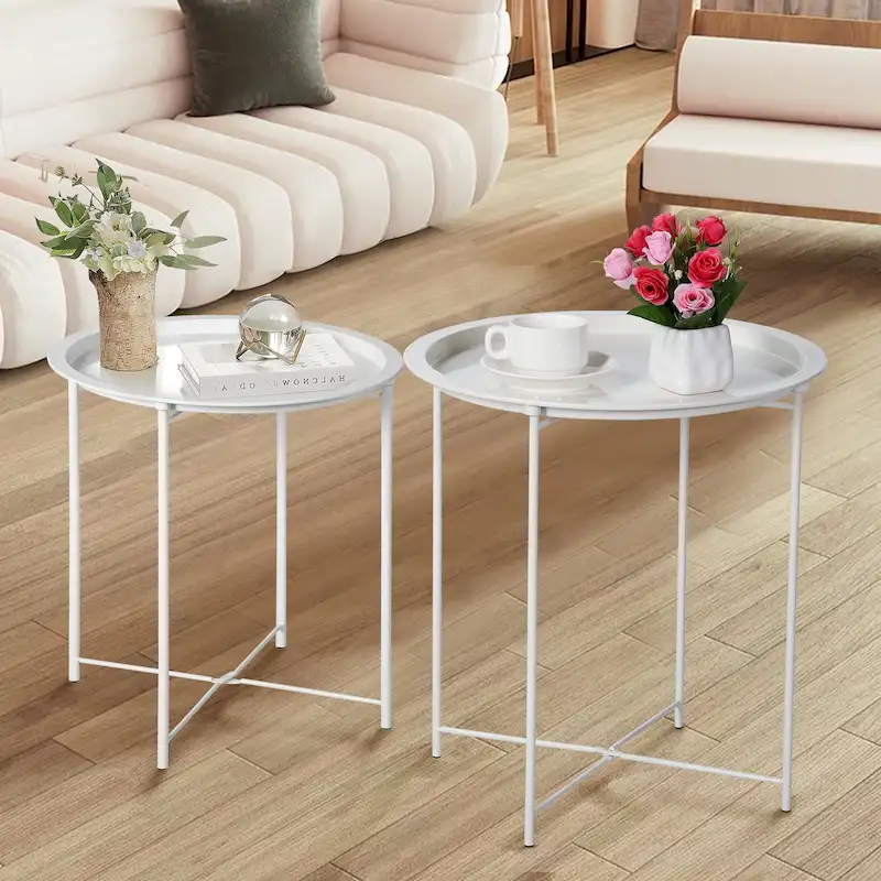 VECELO Side/End Table, Folding Round Metal Anti-Rust and Waterproof Outdoor for Living Room Bedroom,Nightstands