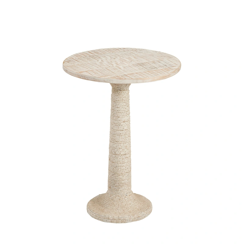Abbott Solid Wood White Wash Round End Table with Jute Rope Wrapped Base