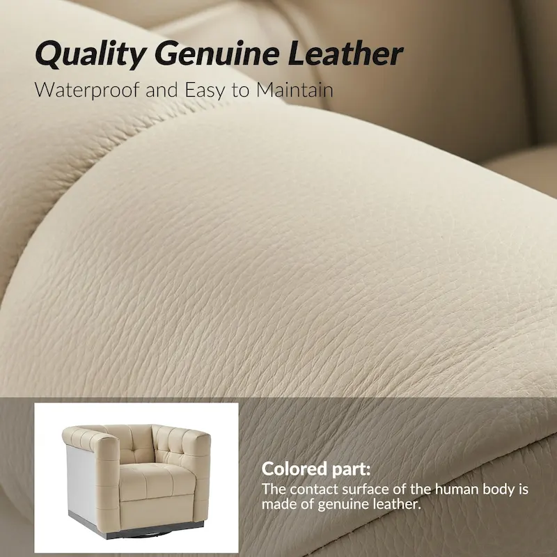 JeremiasMid-certury Modern GenuineLeatherTufted SwivelClubChair with Wooden Apron by HULALA HOME