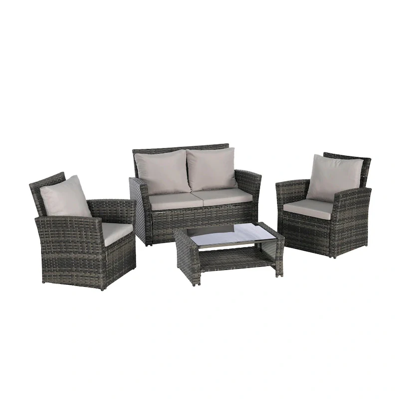 4-Piece Rattan Conversation Sofa Set with Glass Table