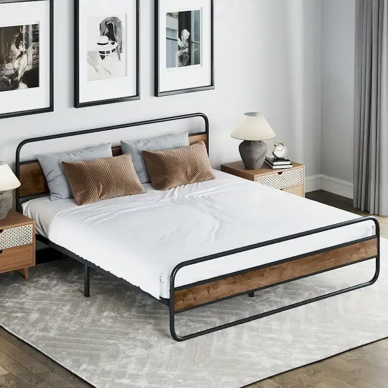 Metal Platform Bed Frame with Wooden Headboard, Modern Bedroom Furniture No Box Spring Needed