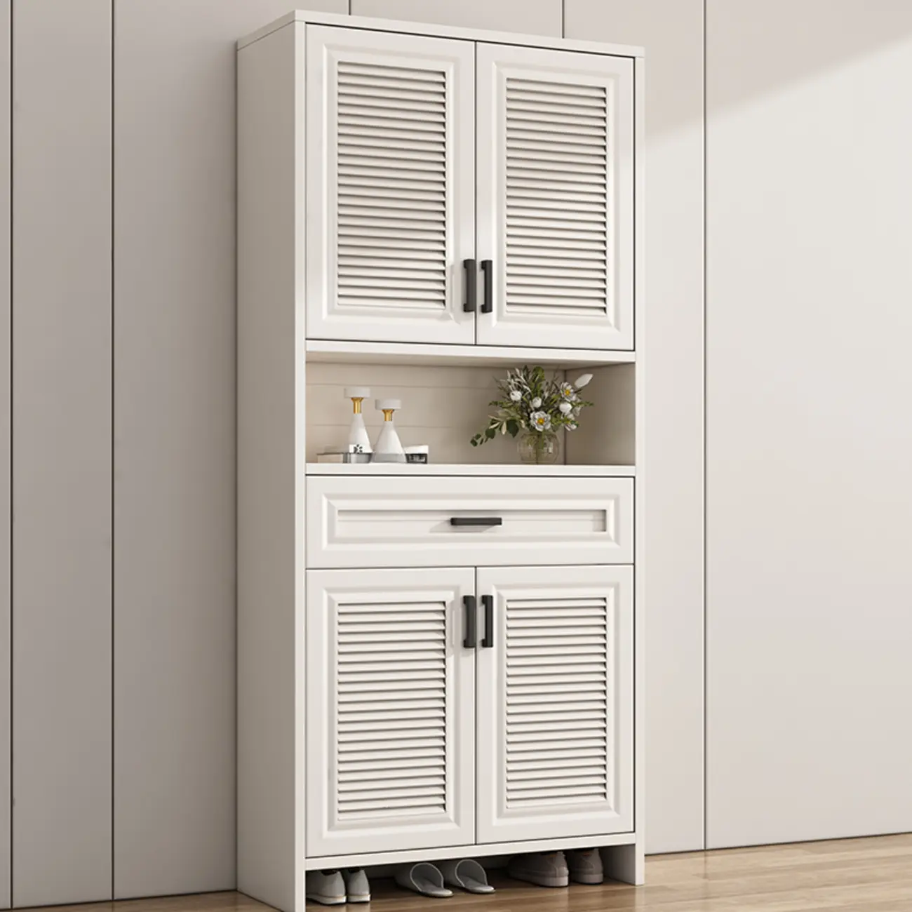 79H Entryway White Metal Shoe Cabinet with Drawers
