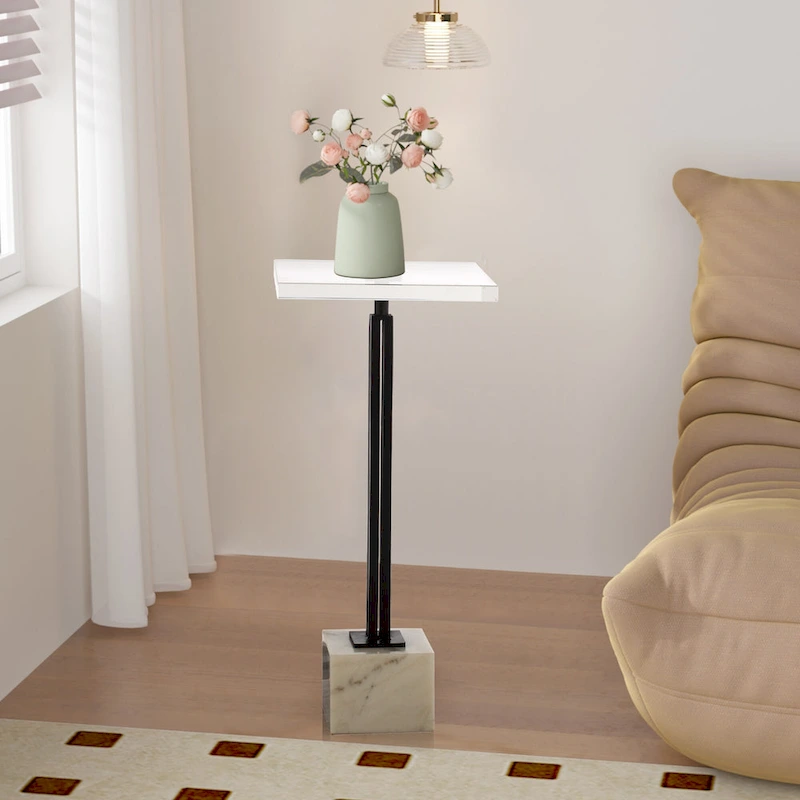 Contemporary Black Pedestal Marble Drink Table Accent Table