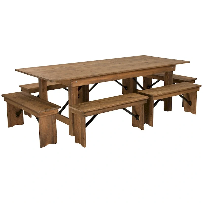 Solid Pine Folding Farm Table Set with 6 Benches