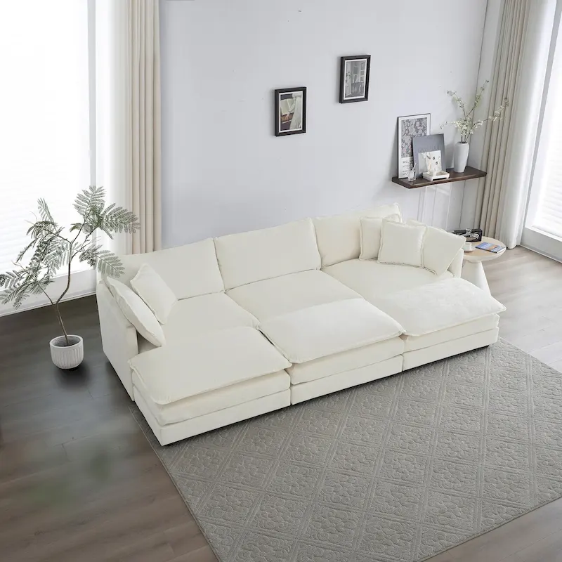 6-Seater U-Shape Sectional Sofa with 3 Ottomans and Pillows