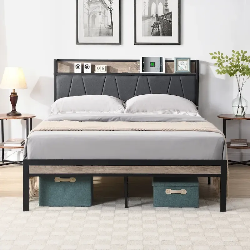 Queen Size Metal Platform Bed with Upholstered Headboard and USB
