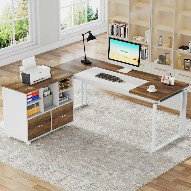 63 L-Shaped Computer Desk Executive Desks with Reversible File Cabinet and Storage Drawers for Home Office