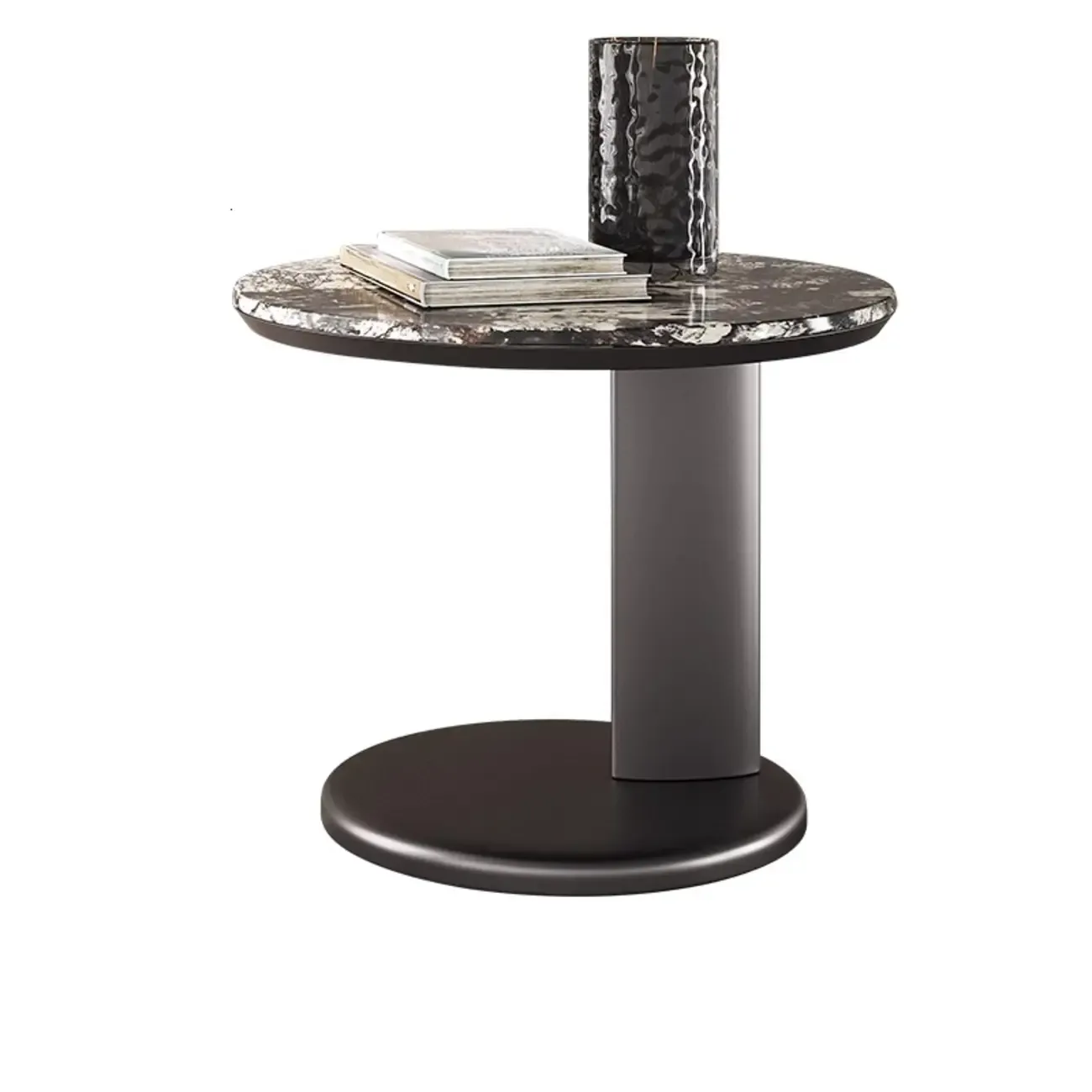 Modern Black Round C-shaped Side Table With Stone Top
