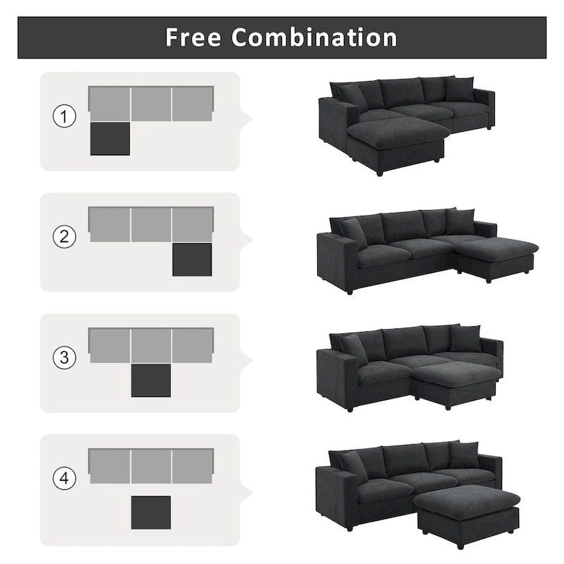 Modern L-shaped 4-Seat Sectional Sofa Couch Set with Ottoman