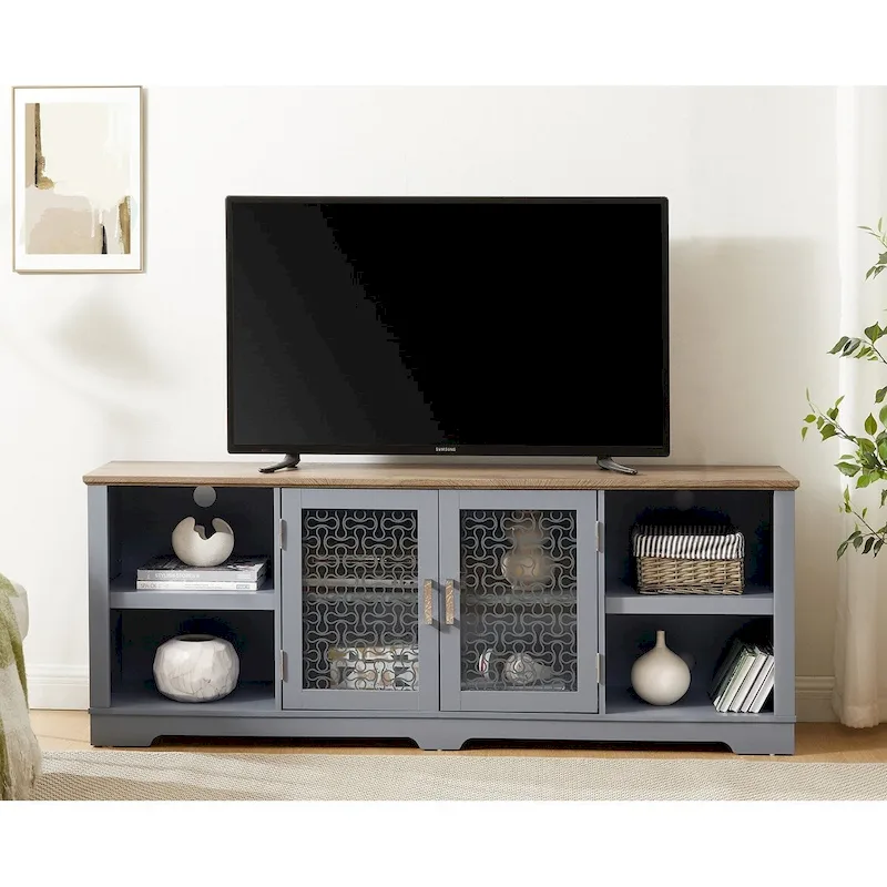 Modern TV Media Stand, Large Home Entertainment Console, for TV Up to 80, with Open Shelves and Glass Door Cabinets