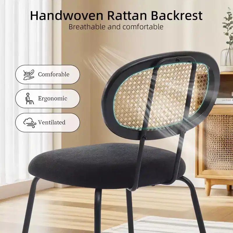 2 Pack Dining Chairs, Modern Velvet Upholstered Dining Room Chairs with Rattan Backrest & Sturdy Metal Legs