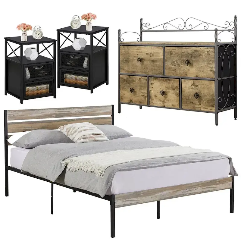 4-Pieces Bedroom Set with Drawer and Nightstands Set of 2, 5-Drawer Dresser, Brown/Grey Set