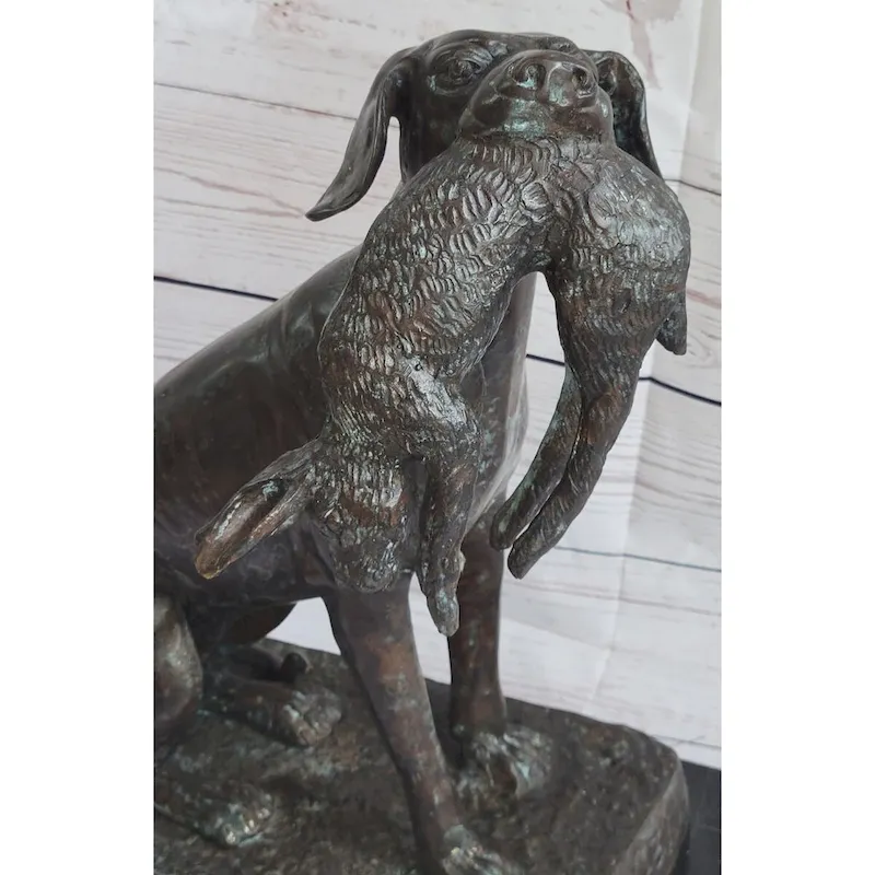 Hunting Dog Retriever W/ Imitative Rabbit In Mouth Bronze Statue Sculpture Figure 16 Inches X 16 Inches