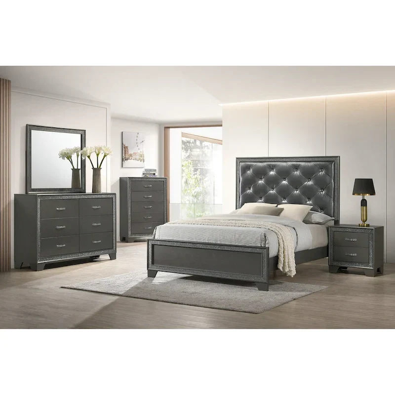 Hoyt 5 Piece Dark Gray Faux Leather Upholstered Tufted Panel Bedroom Set