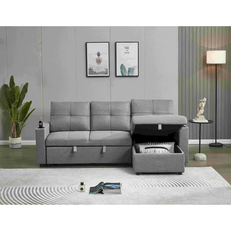 Linen Sectional Sofa Reversible Chaise with Pull out Sleeper