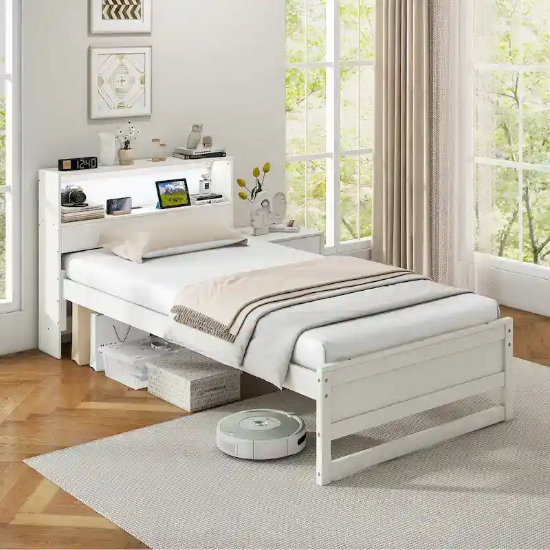 Single Wooden Bed Frame (with Charging Station and LED Lights)
