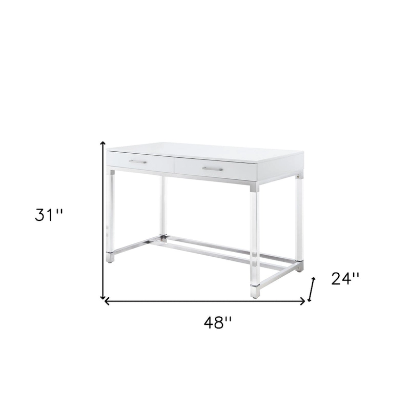 HomeRoots 48 White Clear and Gold Wood Acrylic and Stainless Steel Writing Desk With Two Drawers