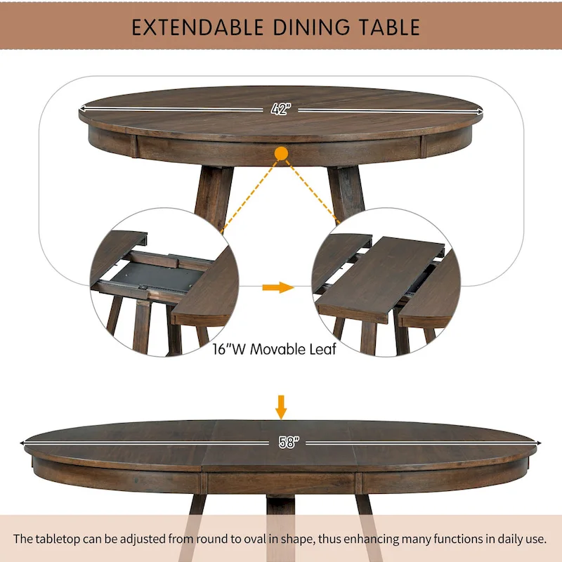 5 Piece Extendable Round Dining Table Set, Wooden Kitchen Furniture Set with Removable Leaf and 4 Upholstered Chairs