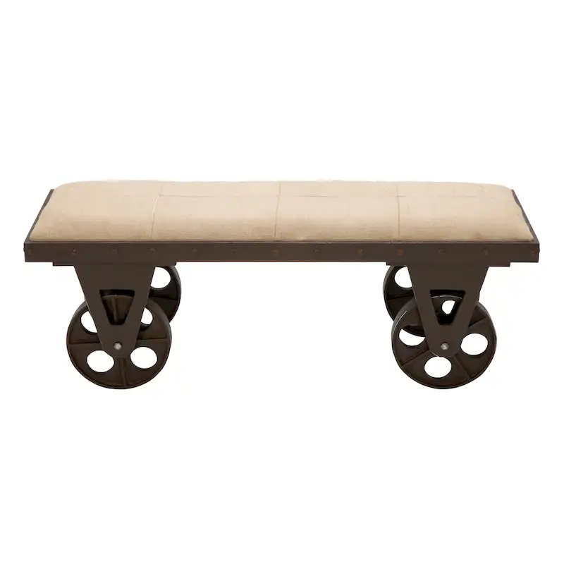 Linen Fabric Vintage Industrial Inspired Home Bench with Wheels and Linen Upholstered Seat - Brown - Roche River Decor