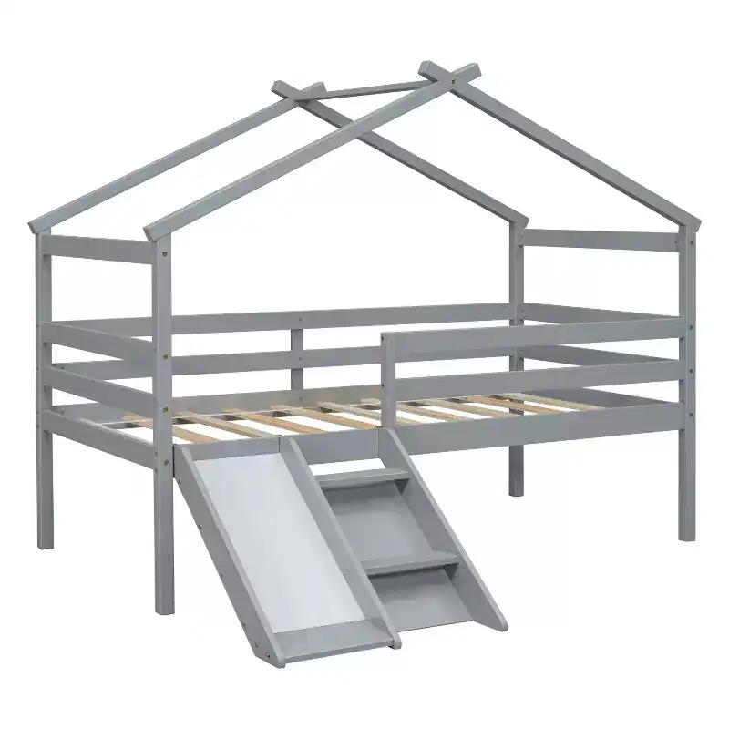 Whisen 81.7L x 67.6W Twin Low Loft House Bed with Slide, Ladder, Safety Guardrails, House Roof Frame