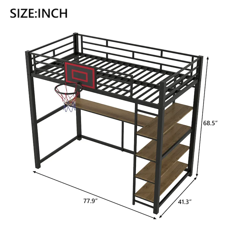Industrial-Style Loft Bed with Basketball hoop, Twin Size Metal Loft Bed Frame with Built-in Desk and Shelf for Kids Boys Girls