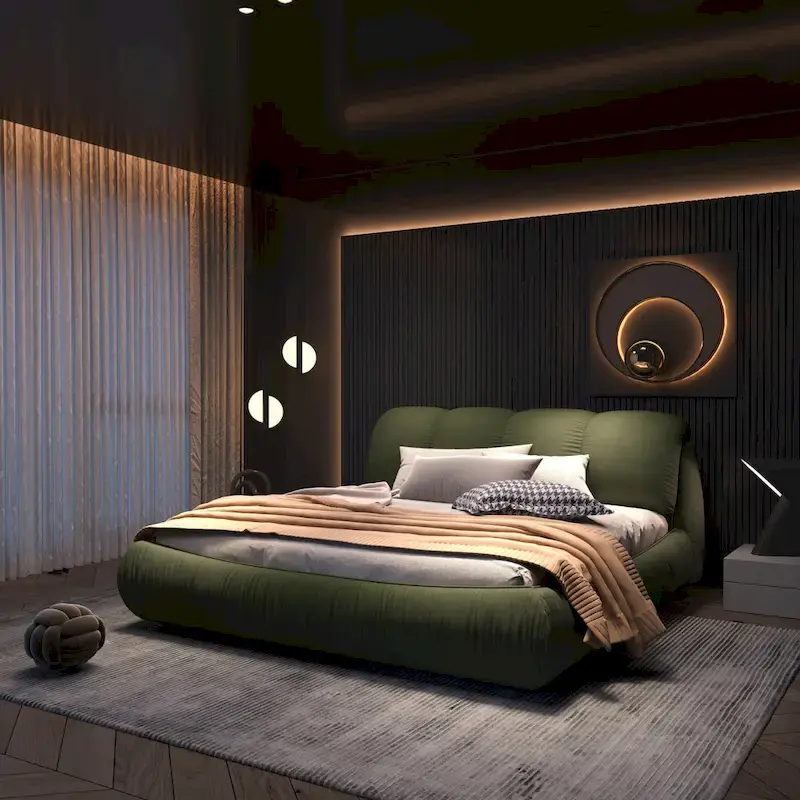 King Size Luxury Upholstered Platform Bed with Oversized Padded Backrest and Solid Wood Frame