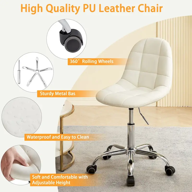 Armless Home Office Chair, Height Adjustable Computer Desk Chair with Wheels