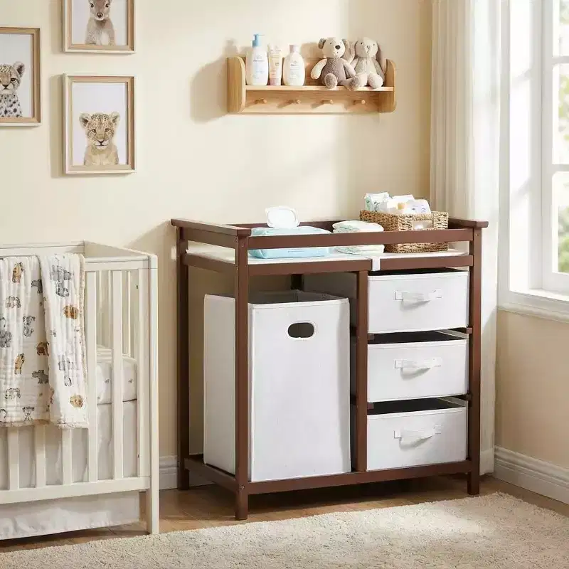 GustoWave Wooden Baby Changing Table,Modern Diaper Changing Table,Infant Diaper Station Dresser with Laundry Hamper, 3 Drawer Basket