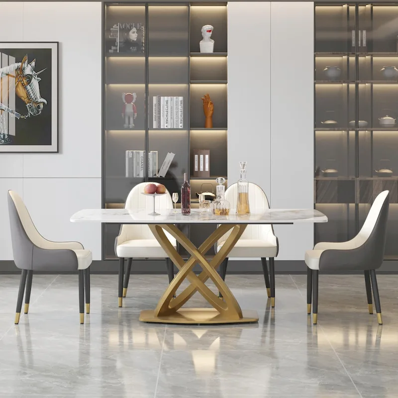 71 Modern Dining Table with Rectangular Sintered Stone Tabletop and Gold Base