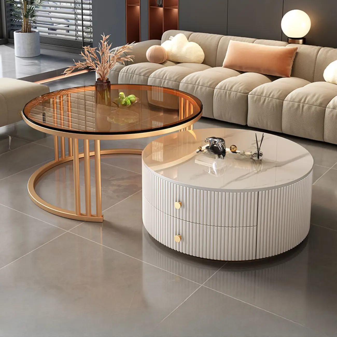 Modern White Round Nesting Coffee Table Set with Steel Base