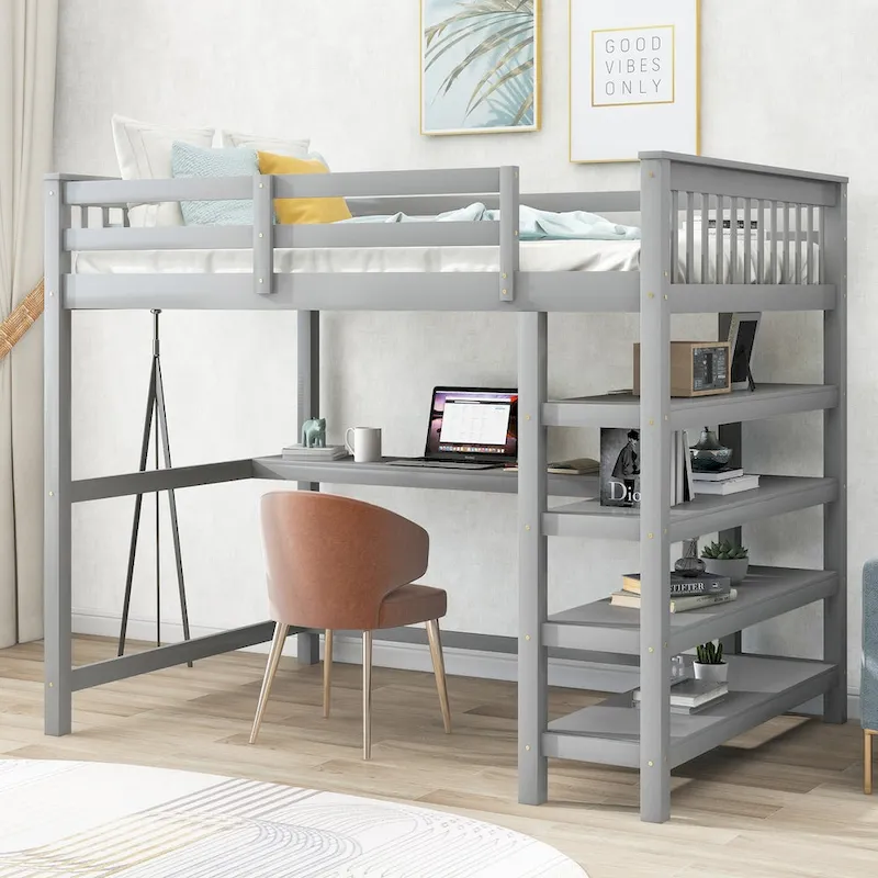 Full Size Solid Wood Loft Bed with Integrated Desk, Storage Shelves, and Stable Guardrails