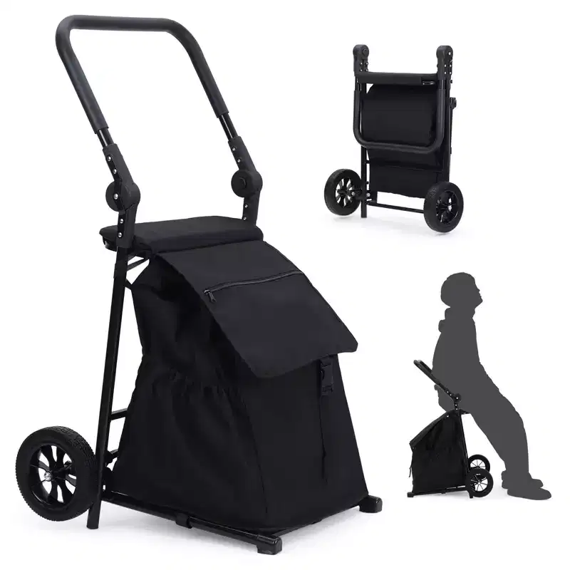 Black 2-in-1 Foldable Shopping Cart with Seat, 132 lbs, 1-Person