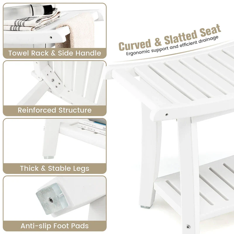 2-Tier Shower Bench with Storage Shelf – Brown / White, HDPE, Single