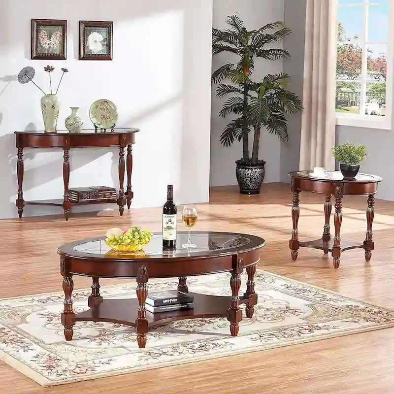Solid Wood End Tables Coffee Tables Console Table with Glass Top