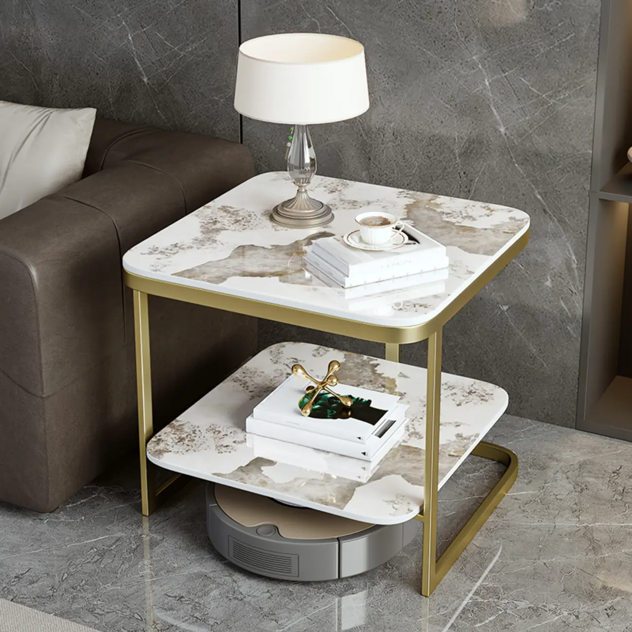 2-Tier C-Shaped Side Table with Shelf