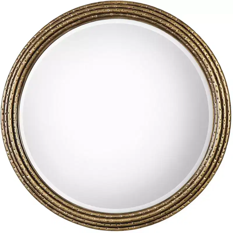 Uttermost Round Vanity Decorative Wall Mirror Rustic Antiqued Gold Hammered Iron Frame 42 1/4 Wide Bathroom Bedroom Living Room