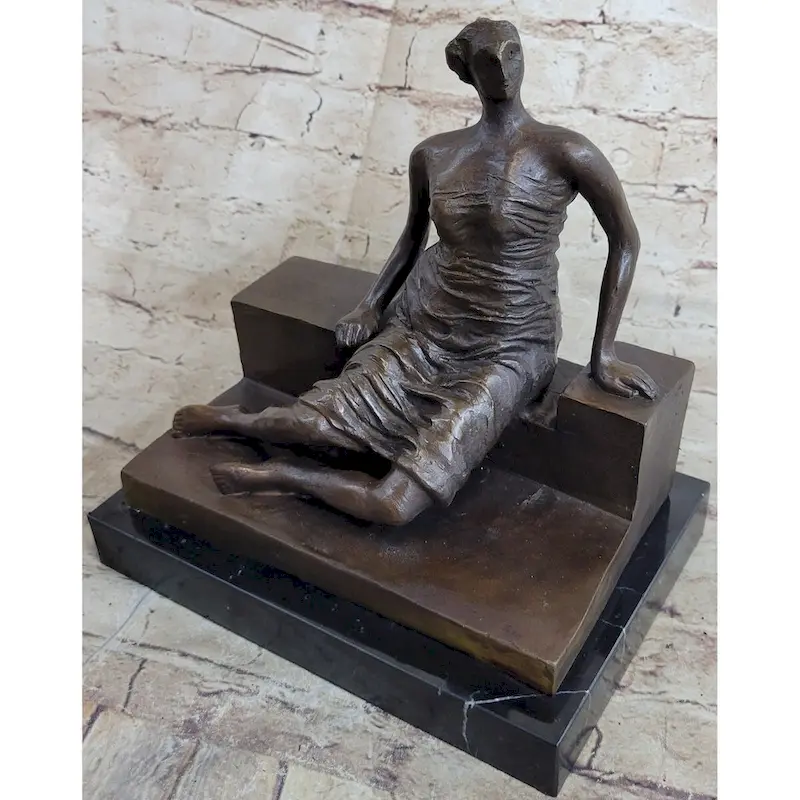Woman On Bench By Henry Moore Abstract Modern Art Bronze Statue Sculpture Marble Base 9 Inches X 8 Inches