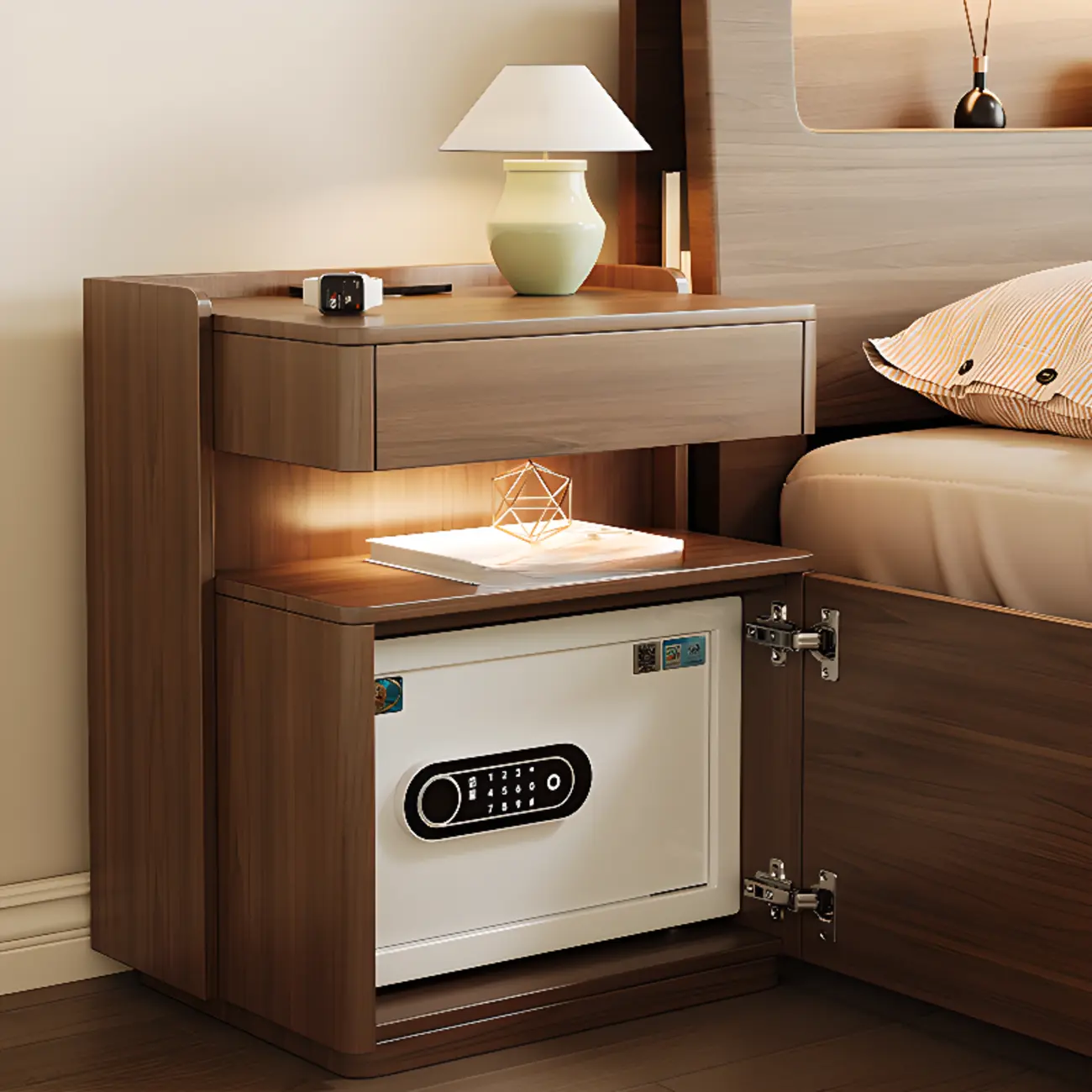 Multi-functional Nut-Brown Wood Lighting Smart Nightstand