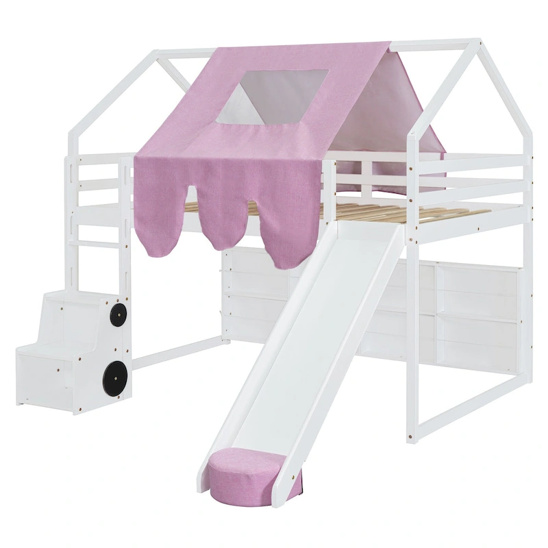 Full Loft Bed with Play Tent, House Design, Slide & Ladder