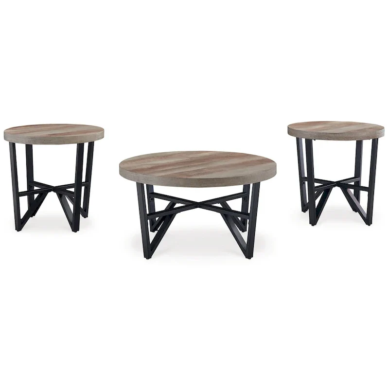 3-Piece Coffee and End Table Set - Brown Wood Round Top with Black Angular Base