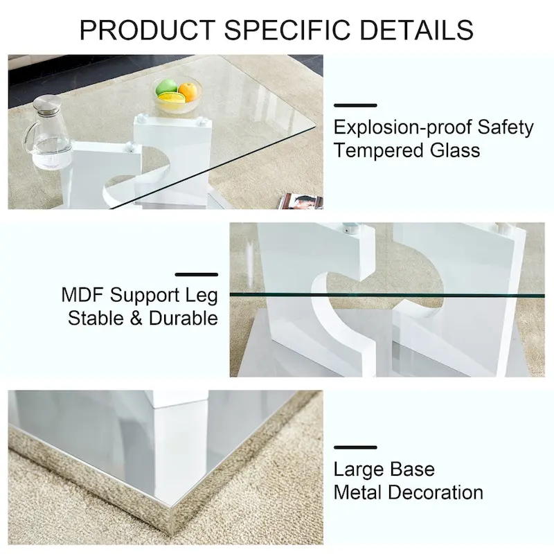 47.2 Modern Rectangular Coffee Table with Tempered Glass Tabletop and MDF Legs