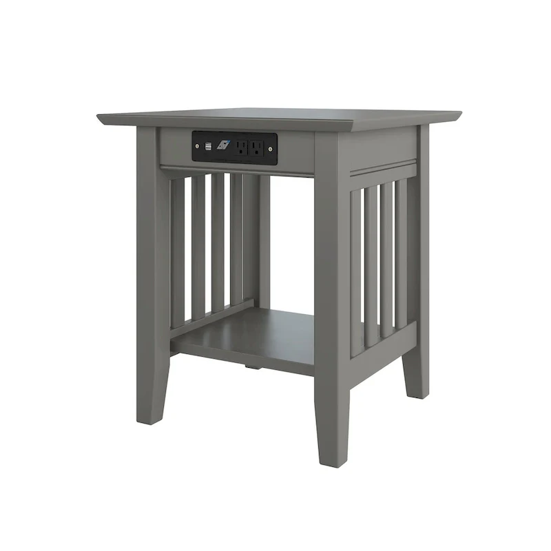 Mission-Style End Table with USB Charging Station – Grey, Solid Wood, Single