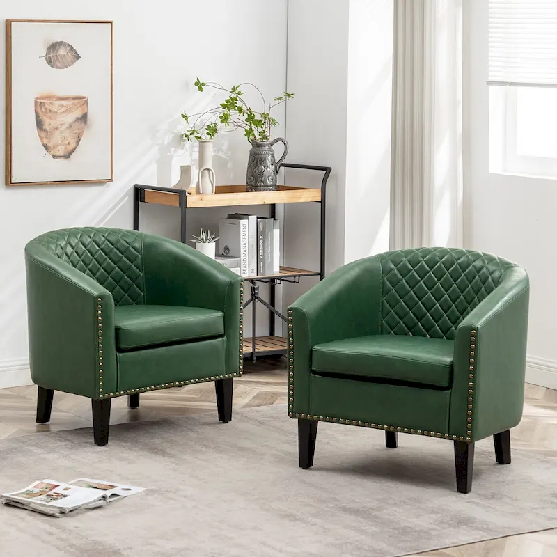 KINWELL 29 PU Faux Leather Club Armchair with Nailheads, Set of 2