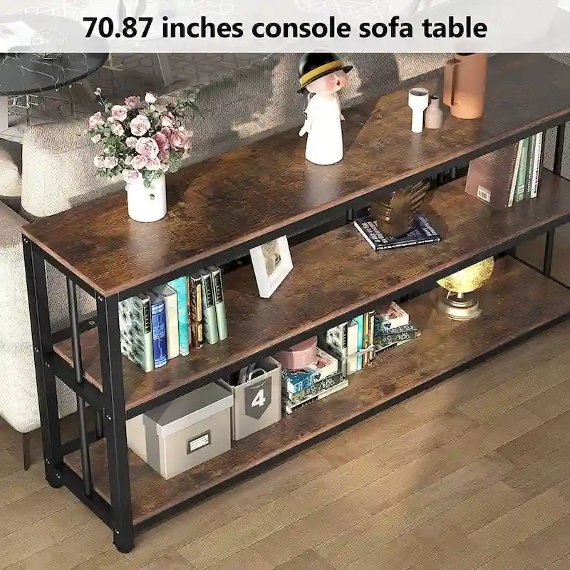 70.9 Console Table, 3 Tiers Sofa Table with Shelves,Brown