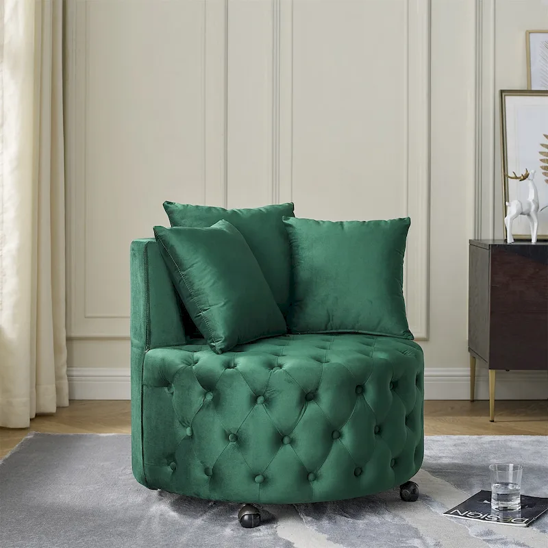 Living Room Velvet Swivel Chair with Button Tufted Design, 3 Pillows & Movable Wheels