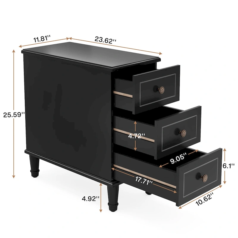 Wood End Table, Fully Assembled Narrow Side Table with 3 Drawers