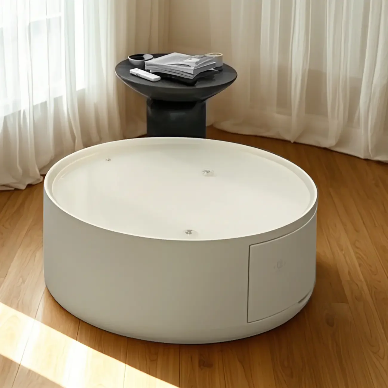 Modern White Round Coffee Table with Wood Base & Tray Top