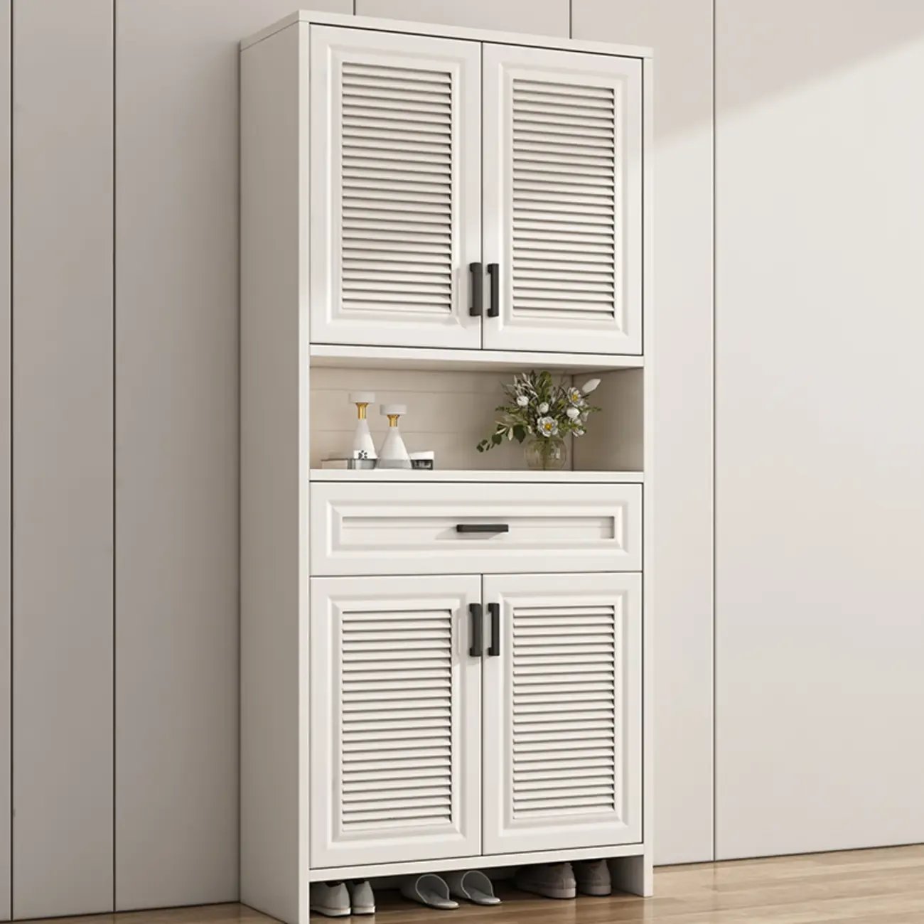 79H Entryway White Metal Shoe Cabinet with Drawers